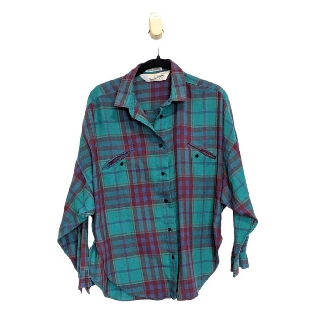 DIANE VON FURSTENBERG Green Plaid Button Down Top Womens Size 12